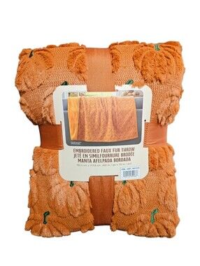 Embroidered Faux Fur Throw Blanket Pumpkin Orange Halloween viral Costco NEW